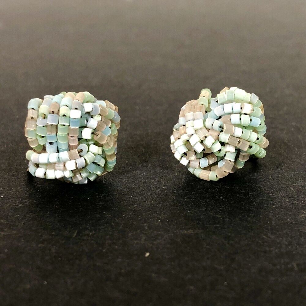 Pretty Light Pastel Glass Seed Bead Love Knot Vintage Screw Back Earrings Retro